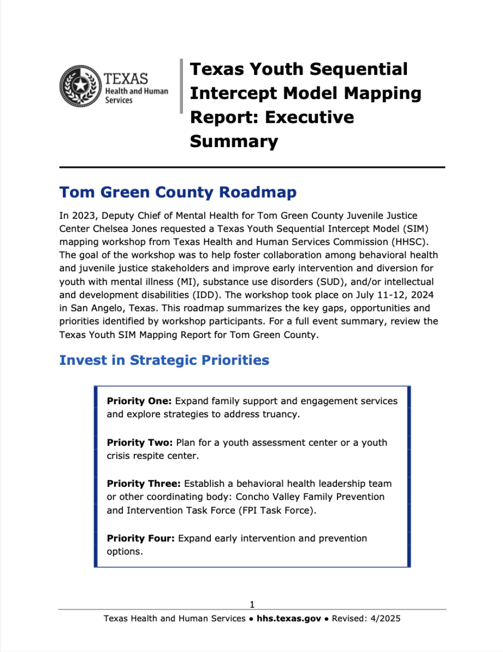 Tom Green County Youth SIM Roadmap