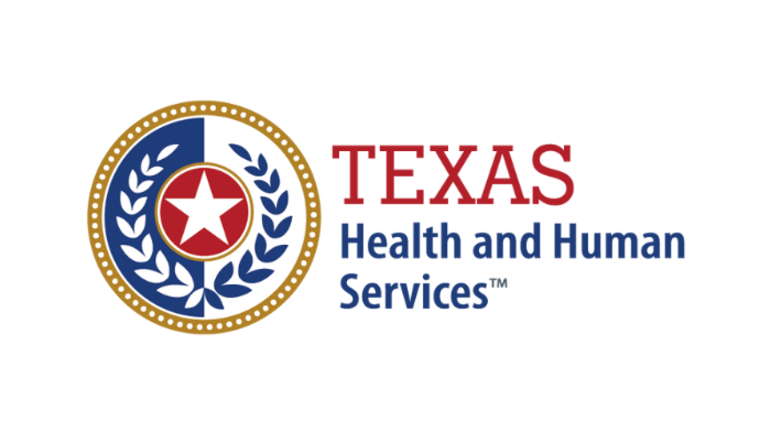 The Texas Health and Human Services logo features the words "Texas" and "Health and Human Services" in distinct colors. The word "Texas" is presented in red text, while "Health and Human Services" appears in blue text. Positioned at the center of the logo is a five-point star. Encircling the star, there is a graphic representation of two olive branches, symbolizing peace and prosperity and reminiscent of the design elements found in the Texas Seal. Furthermore, a golden rope encircles the logo. This logo signifies the connection between Texas, health, human services, and the values of peace and well-being.