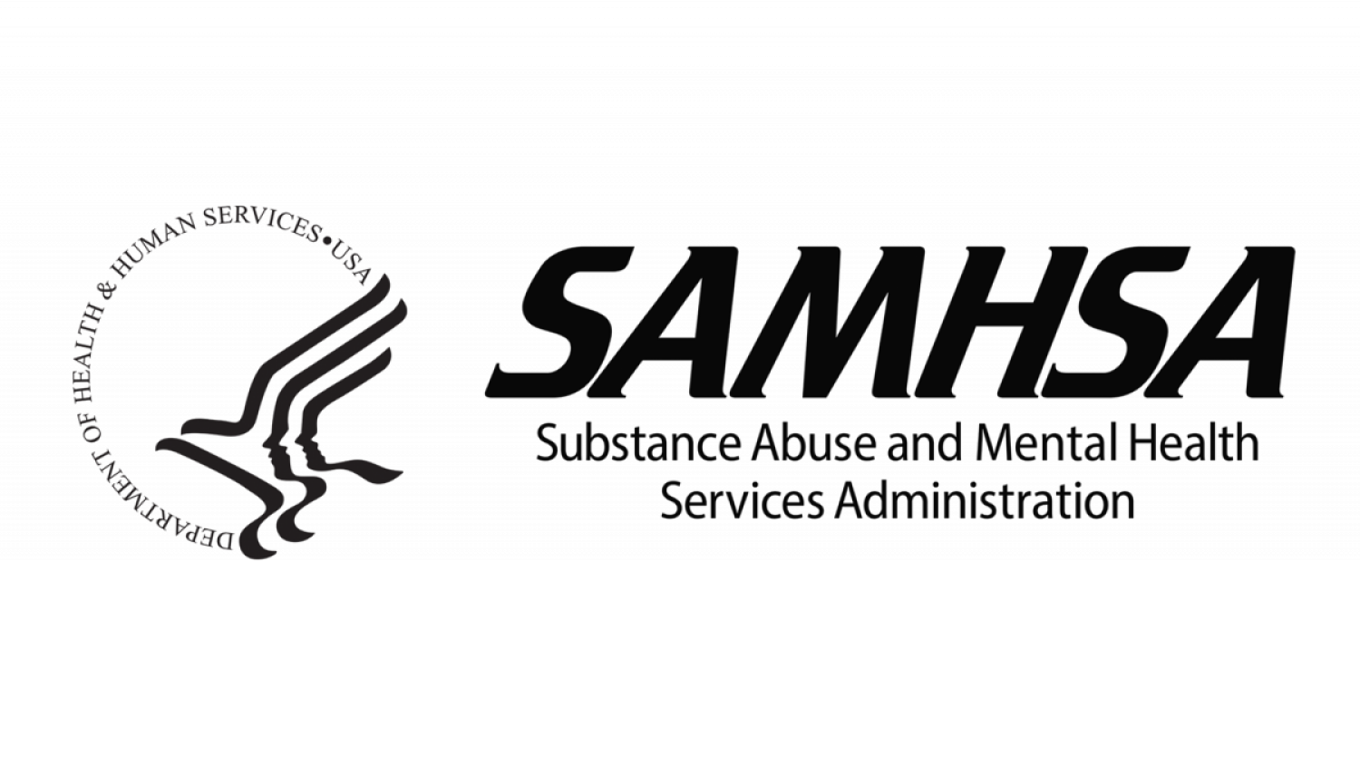 The image consists of two logos side by side against a white background. On the left side is the logo of the U.S. Department of Health and Human Services (HHS). It features a graphic of a bird with its wings spread open, indicating flight. The name "Department of Health and Human Services U.S.A." is written in black in a circle to embody the bird. On the right side is the Substance Abuse and Mental Health Services Administration (SAMHSA) logo. The acronym "SAMHSA" is displayed prominently in black, bold letters. Below it, the full name "Substance Abuse and Mental Health Services Administration" is written in black, aligned horizontally across two rows.