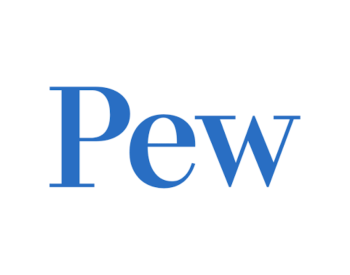 Pew logo with blue letters.