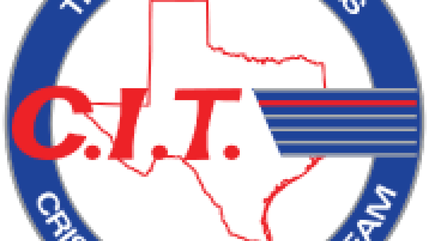 Logo for the Texas CIT Association that includes red and white text and a graphic in the shape of the state of Texas.