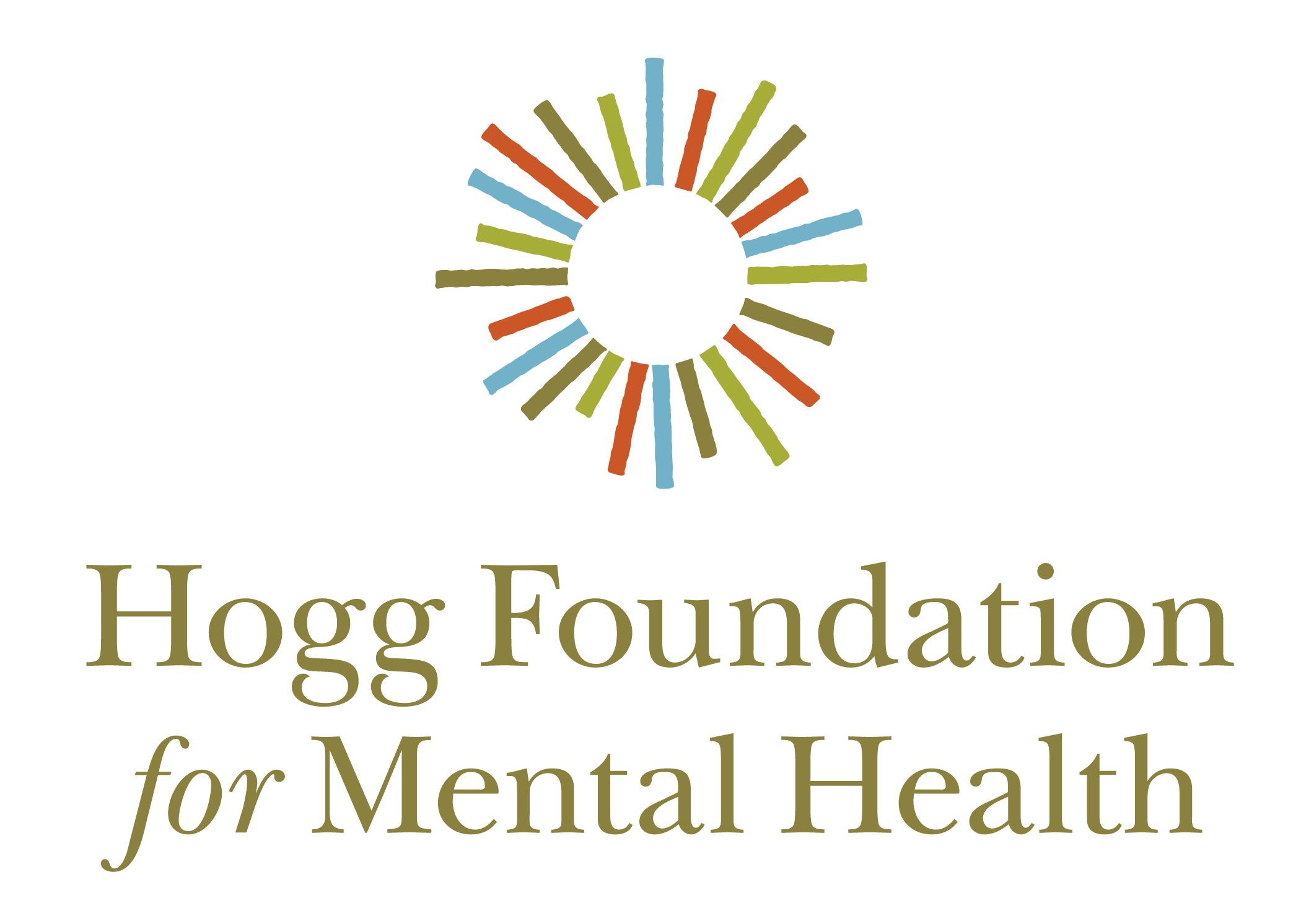 The Hogg Foundation for Mental Health logo features a graphic of a circle with rays in light blue, bright green, khaki green, and red-orange, symbolizing a colorful sun. Below the sun graphic, the text "Hogg Foundation for Mental Health" is written in khaki green. “For” is italicized. The logo represents the foundation's mission to advance mental health services, advocacy, and research, fostering positive change and support for individuals and communities impacted by mental health challenges.