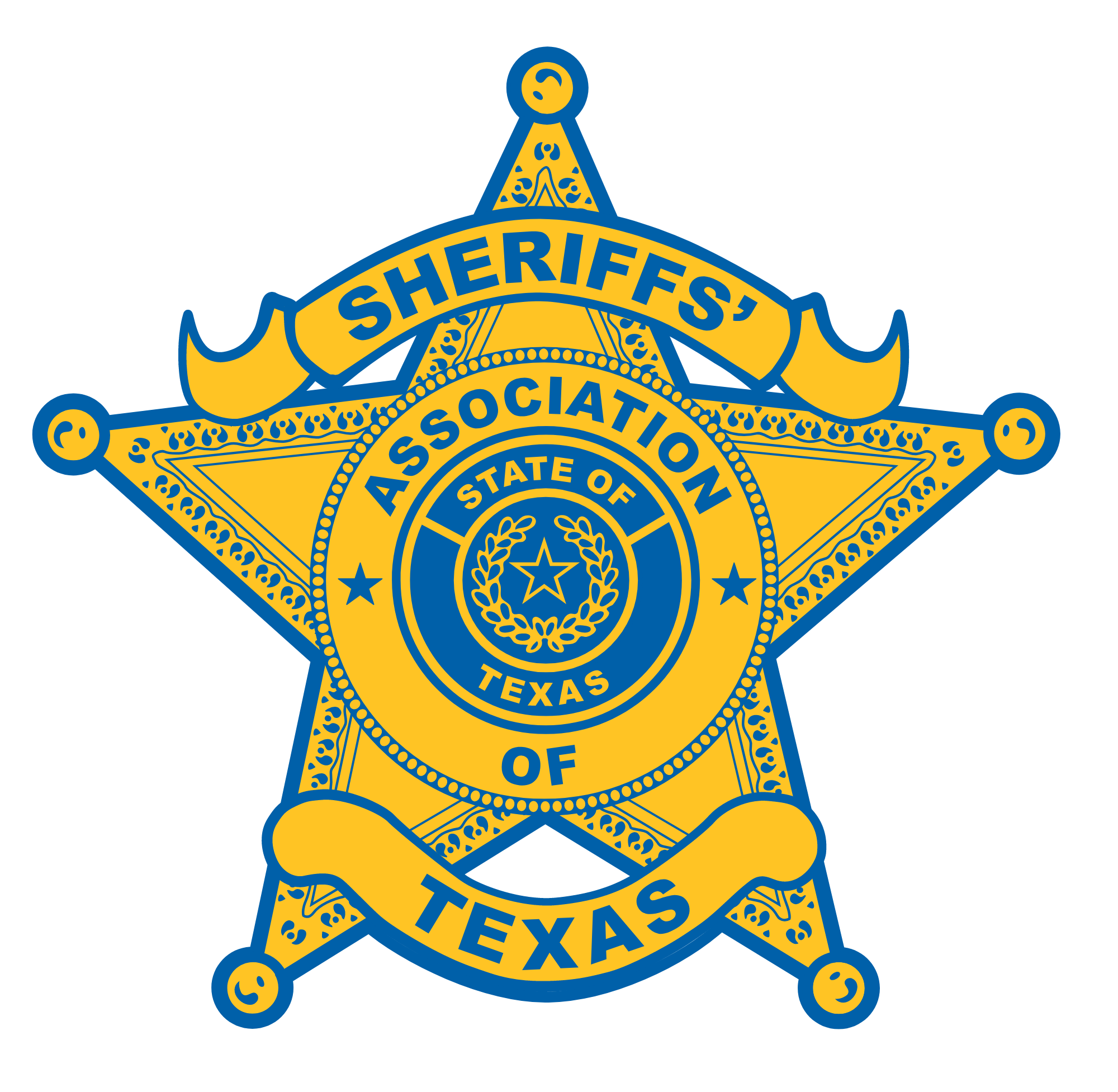 The Sheriffs' Association of Texas logo showcases an authoritative star badge, characterized by five points and golden colors, outlined in blue. The star badge serves as the focal point of the logo, symbolizing the authority and professionalism of the association. The name of the association is designed to seamlessly integrate with the star badge, forming a cohesive visual representation. At the center of the name, the Texas Seal is prominently featured, representing the association's connection to law enforcement in the state of Texas. This logo represents the Sheriffs' Association of Texas and its commitment to serving and supporting sheriffs and law enforcement professionals throughout the state.