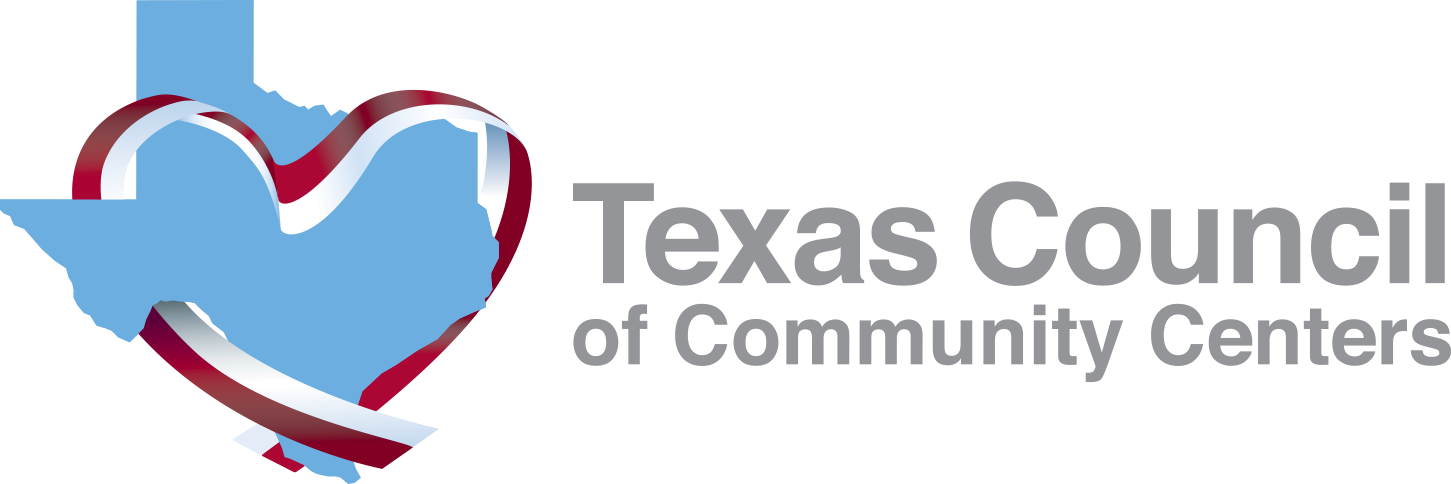 The Texas Council of Community Centers logo is characterized by a baby blue Texas shape at its core. The state is accentuated with a ribbon in white and red, elegantly encircling the shape. Adjacent to the Texas shape, the words "Texas Council of Community Centers" are presented in gray lettering. This logo signifies the association's dedication to supporting and coordinating community centers throughout Texas, fostering collaboration, and promoting the well-being of individuals and families within local communities.