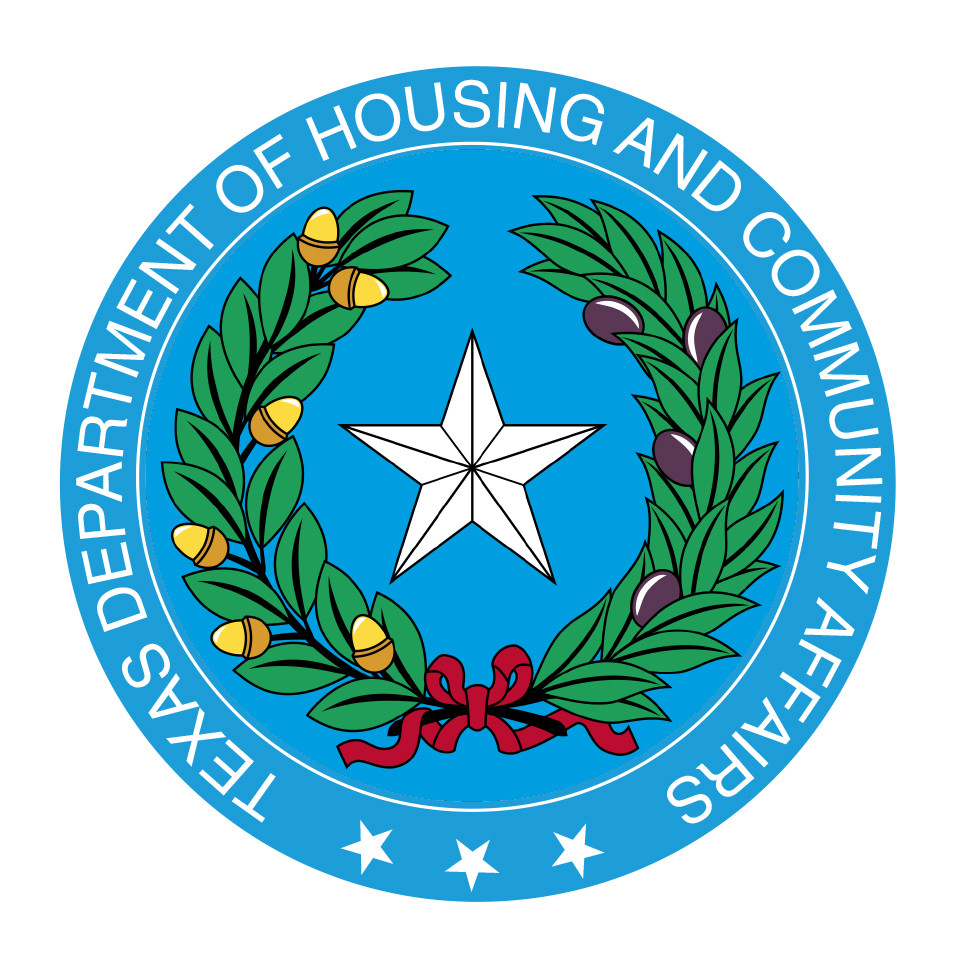 The Texas Department of Housing and Community Affairs logo features the Texas Seal set against a bright blue background. The seal incorporates the colors of the olive and live oak branches, and a red ribbon ties the branches together, with a large five-pointed star in the center. The department's name, "Texas Department of Housing and Community Affairs," wraps around the circular border of the seal. At the bottom center, three small white five-pointed stars are positioned. This logo represents the department's commitment to promoting housing and fostering community development in the state of Texas.