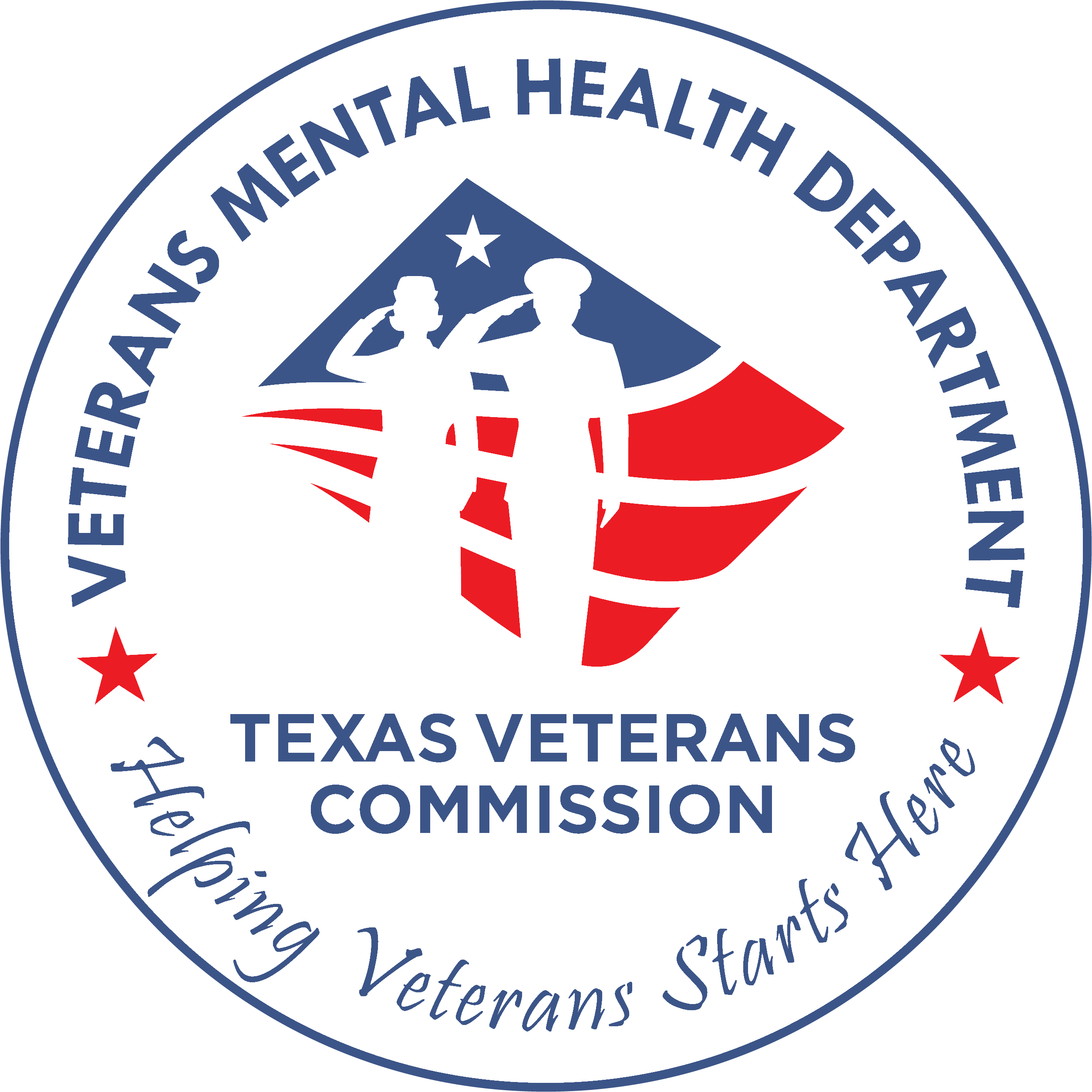 The Texas Veterans Commission logo is presented in a circular design. The graphic depicts the outlines of two individuals saluting against a background that resembles the Texas flag. The name "Texas Veterans Commission" is positioned directly beneath the graphic in the center. The circular shape of the logo contains additional text elements: "Veterans Mental Health Department" wraps around the top portion, while "Helping Veterans Start Here" wraps around the bottom. A red star intersects both the top and bottom text on the left and right sides. This logo represents the Texas Veterans Commission's commitment to supporting veterans' mental health and serving as a starting point for their assistance.