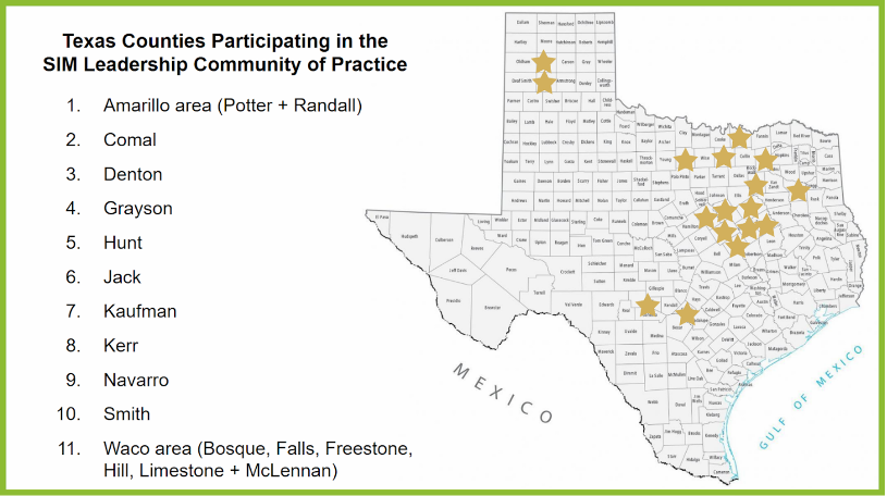 This graphic displays eleven community-based teams (encompassing 17 counties) participating in the Community of Practice initiative. A list of the 11 counties is to the left in the following order: Amarillo area (Potter + Randall), Comal, Denton, Grayson, Hunt, Jack, Kaufman, Kerr, Navarro, Smith, Waco are (Bosque, Falls, Freestone, Hill, Limestone + McLennan). There is a county-identified Texas to the right of this list and has each county that was listed above starred to stand out in the map.